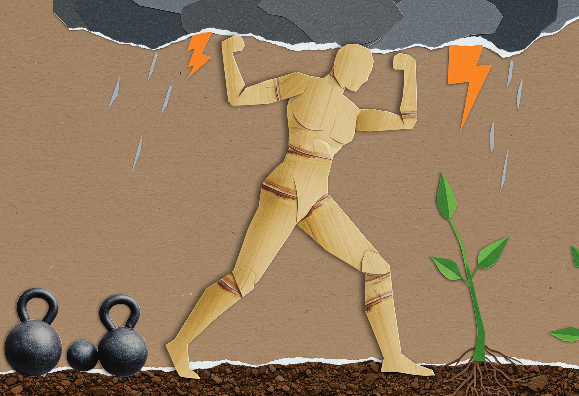 Image of a wooden man holding a thunder cloud